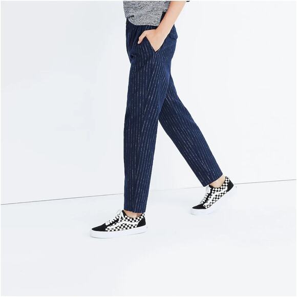 MADEWELL Wool Linen Blend Takaroo Pleated Cigarette Pants Sporty Pinstripe Blue - Picture 2 of 13